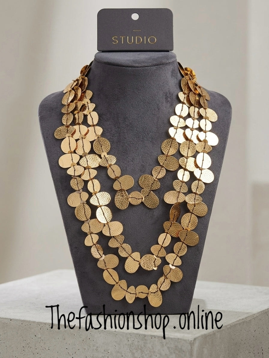 Stunning Statement Triple Strand Gold Necklace
