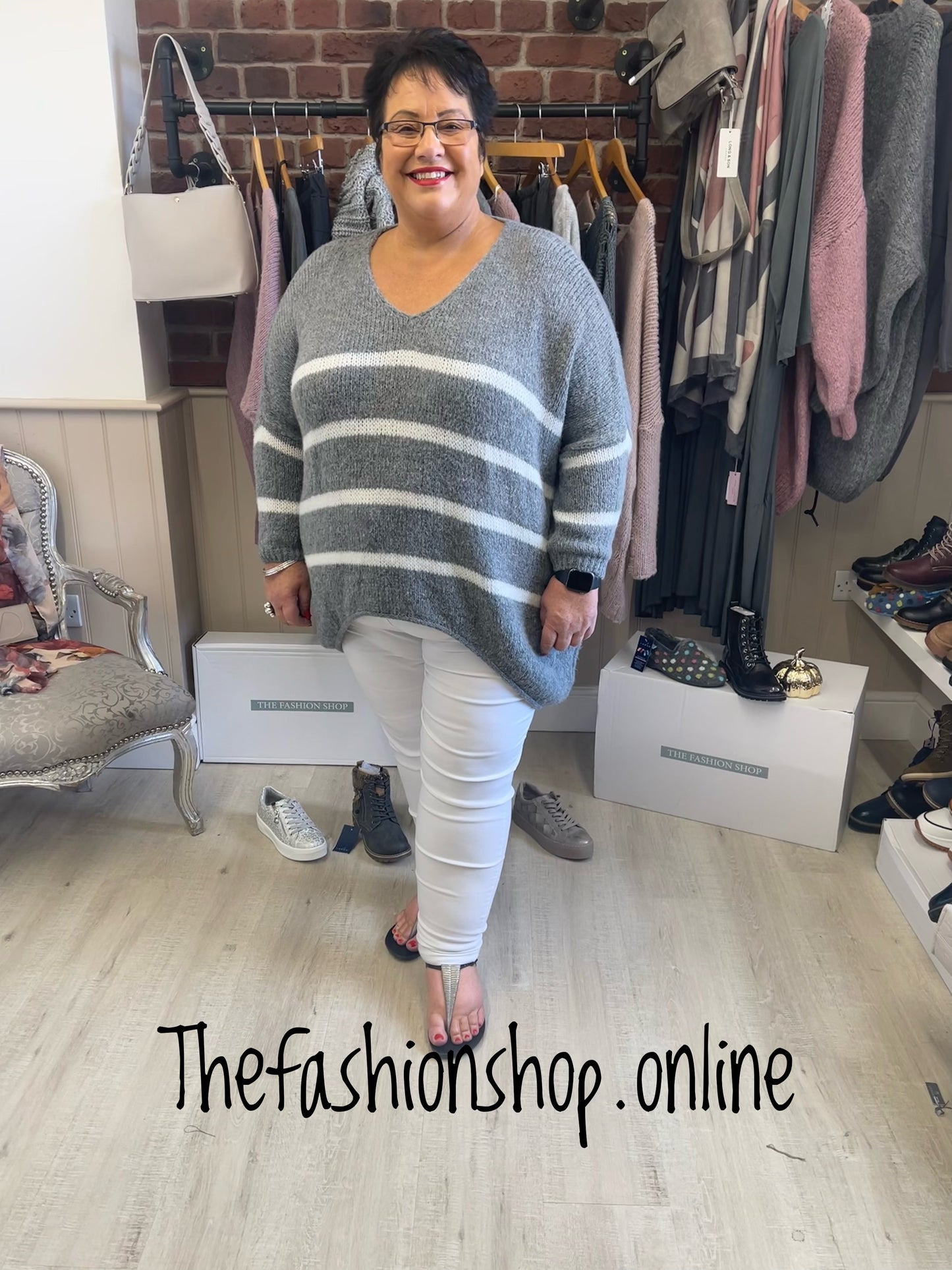 Grey and white stripe wool mix jumper 16-22