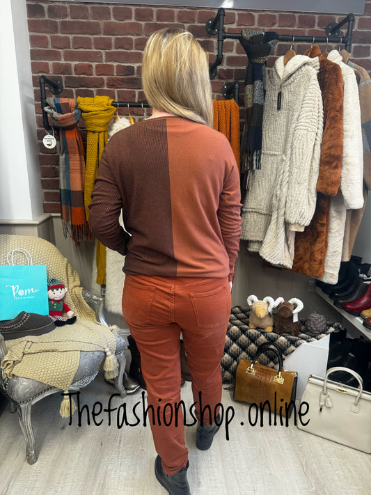 Rust plain and striped angora mix knitted jumper 8-10, 12-14