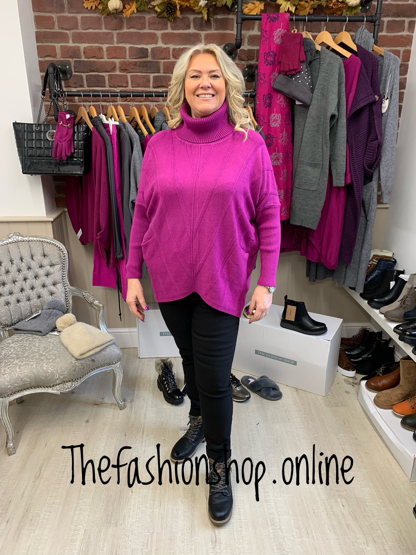 Magenta plait detail roll neck jumper 10-18