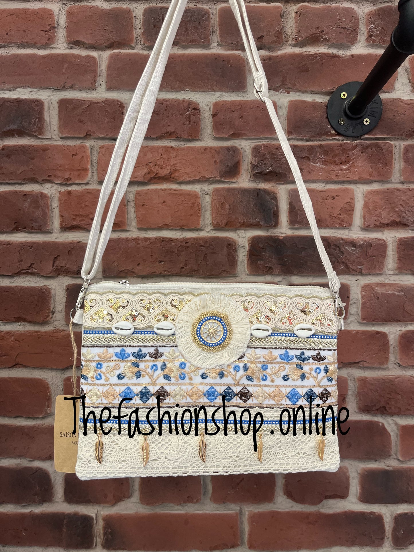 Blue and cream embroidered boho bag