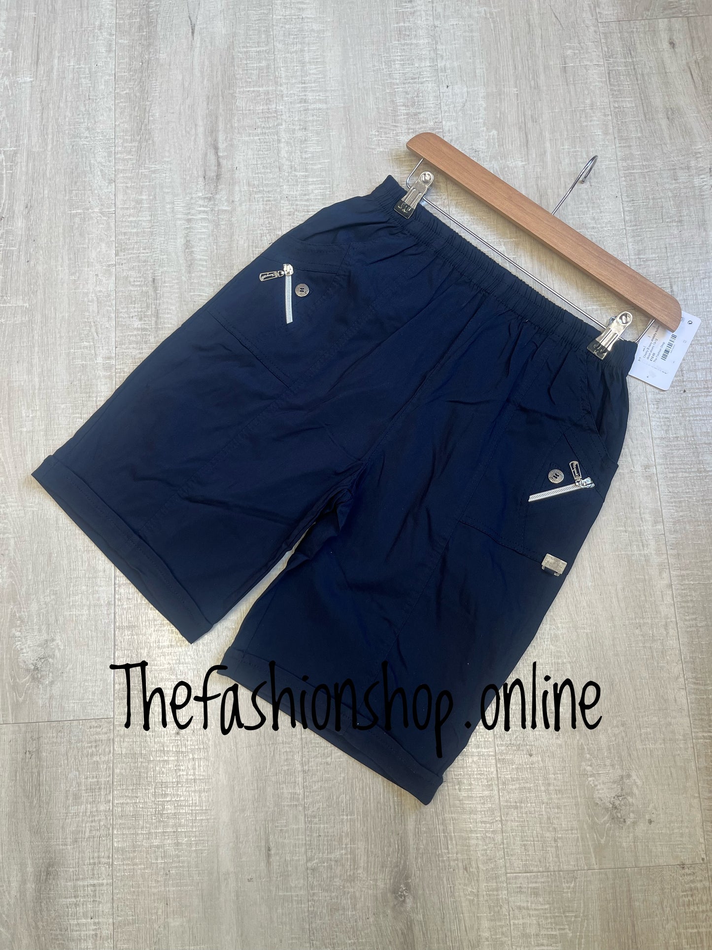 Cherry Berry navy stretchy button detail shorts sizes 10-22