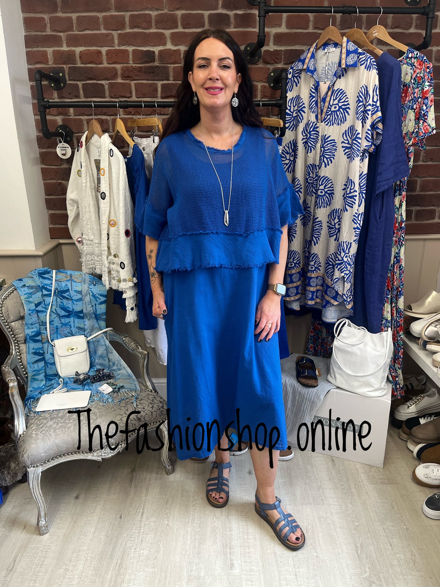 Mia royal blue cotton dress with mesh overlay 8-18