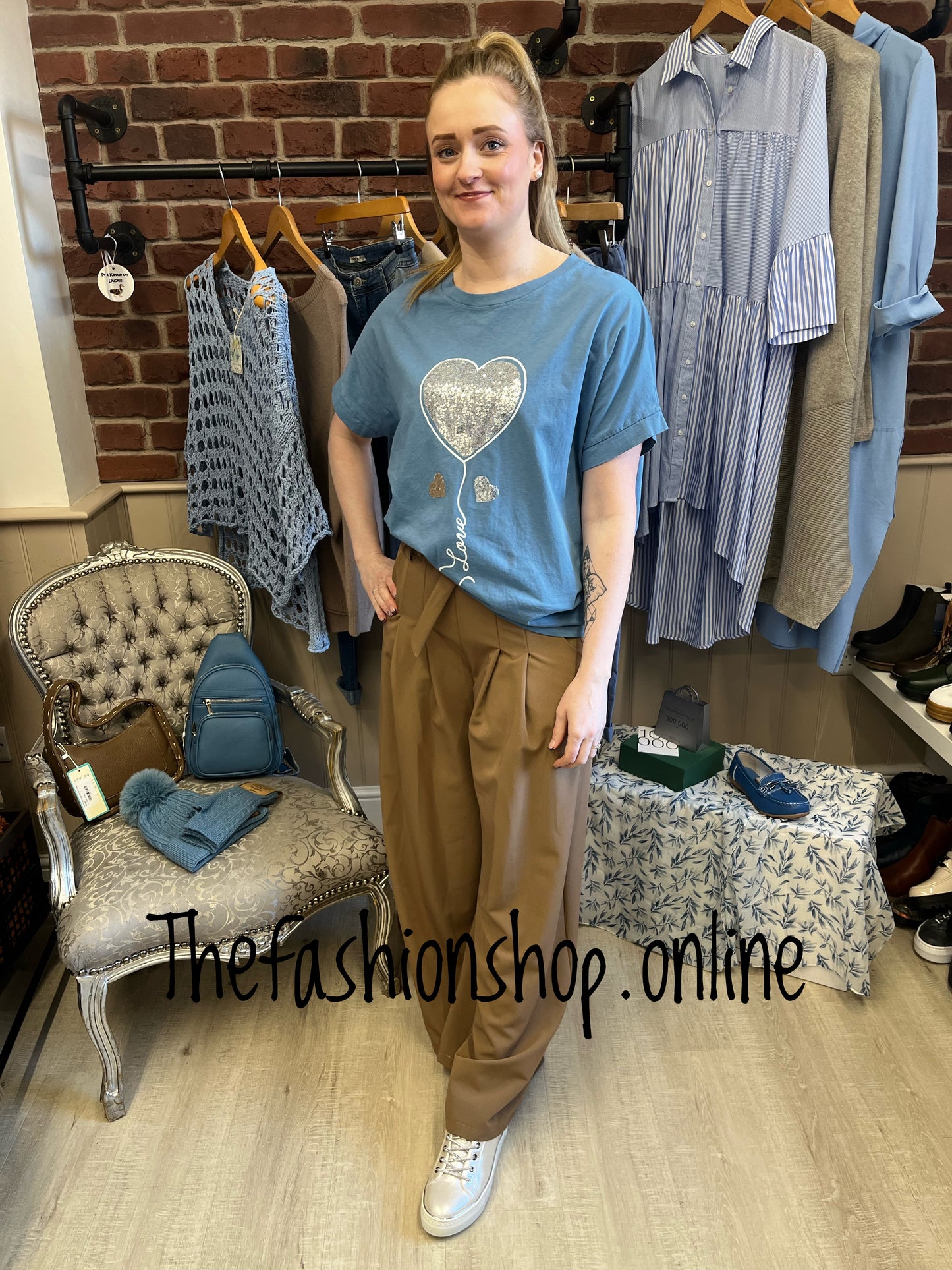 Denim blue sequin balloon heart top 8-16