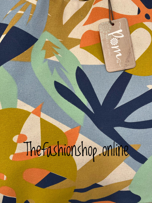 POM mustard and blue floral print canvas bag