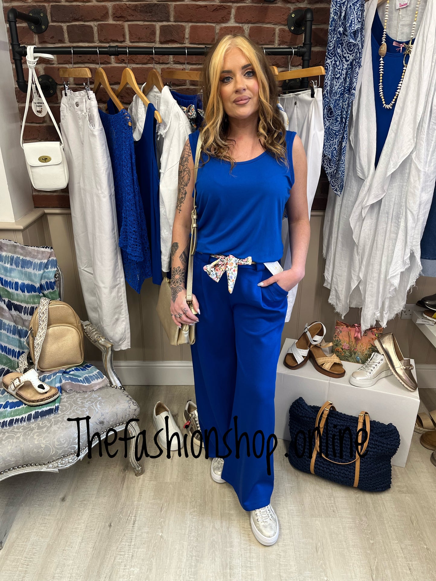 Bridget royal blue wide leg trousers with floral belt 8-12 and 14-16