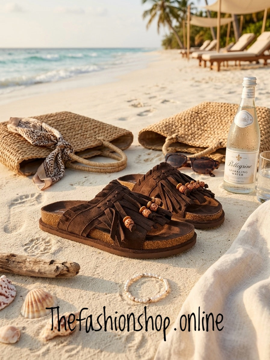 Freya Brown Boho tassel mules sizes 3-8 (36-41)