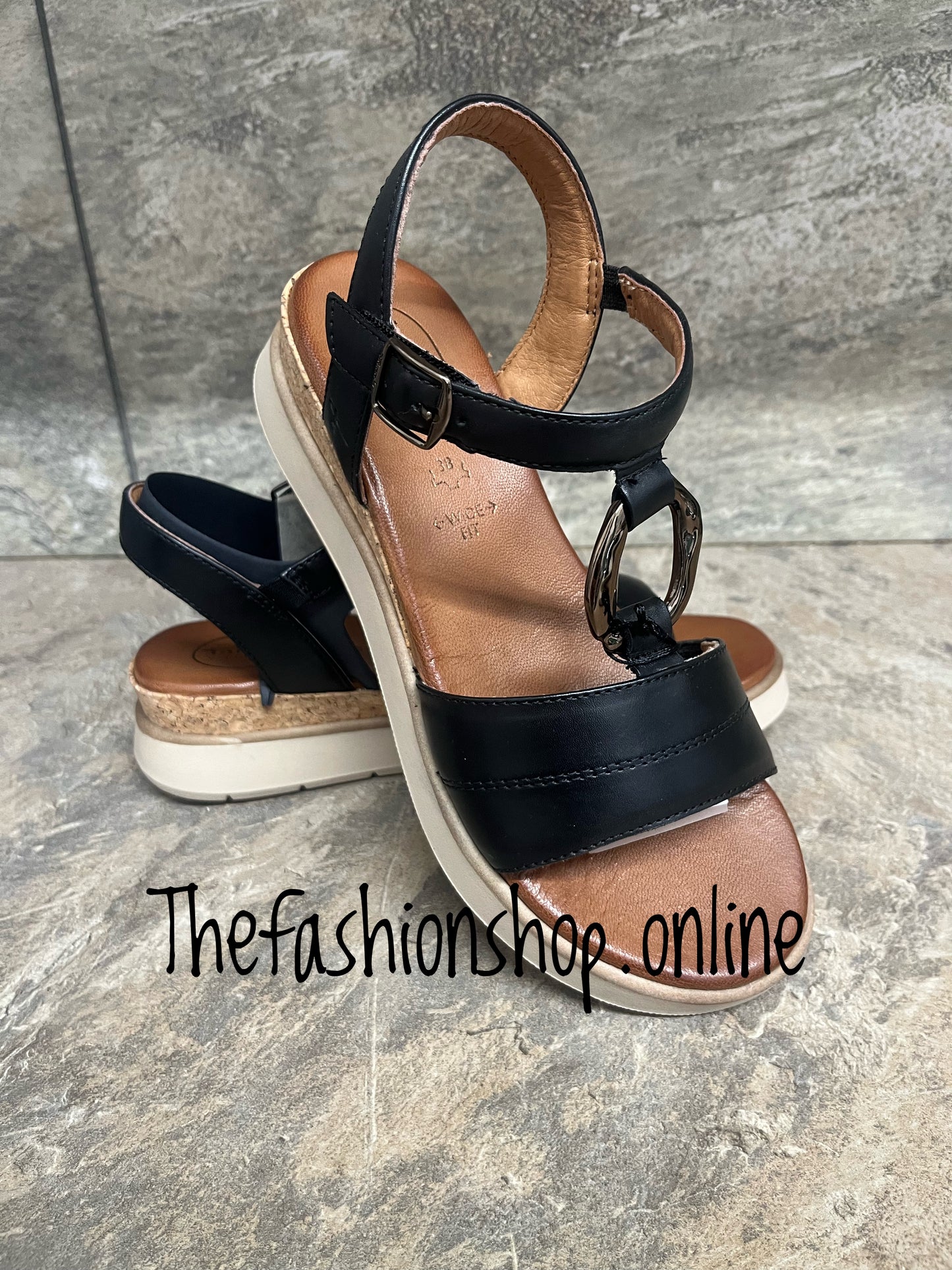 Tamaris black wide fit leather wedge sandals sizes 4-8 (37-42)