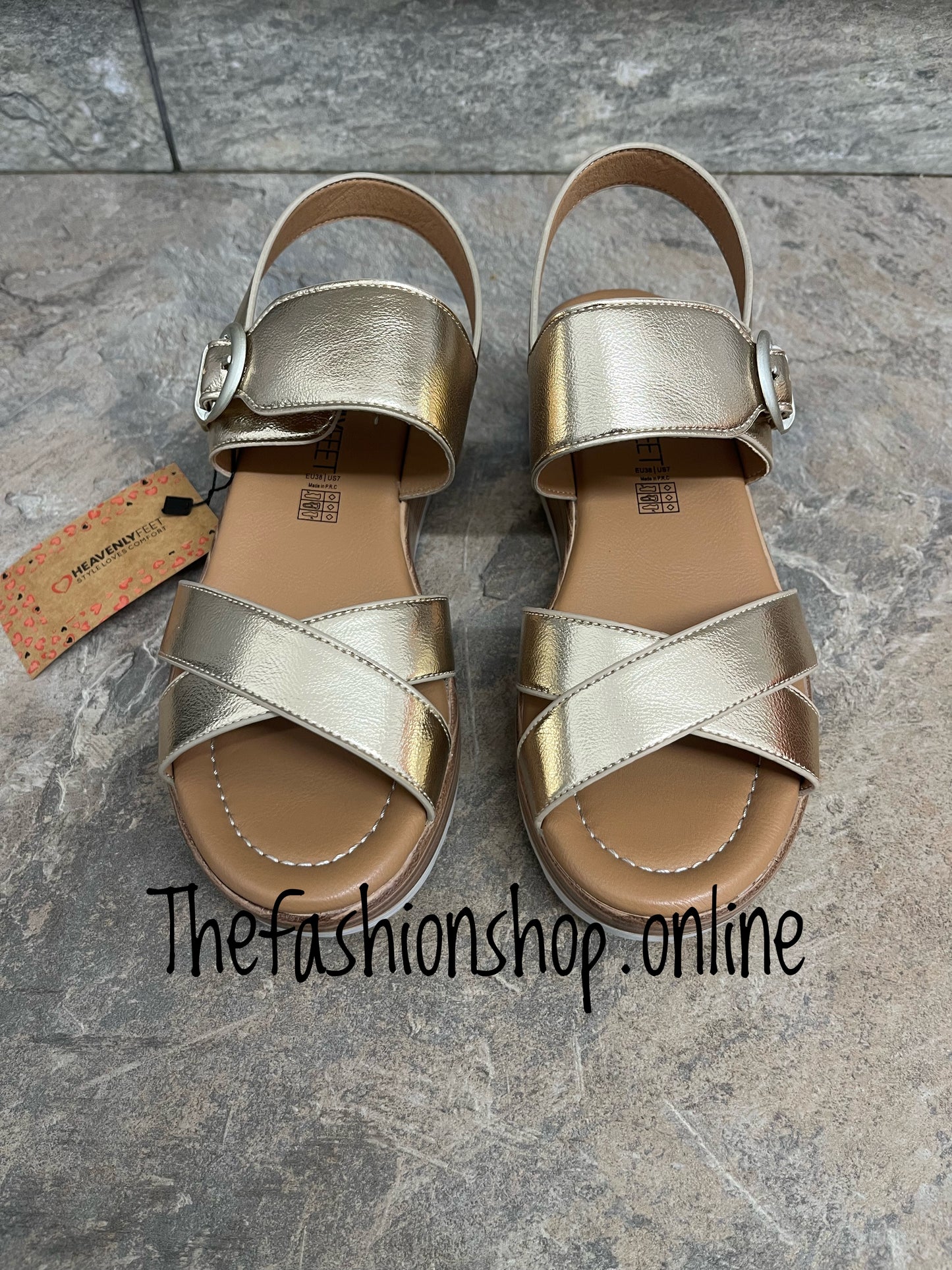 Heavenly Feet gold Destiny wedge sandal sizes 4-6.5 (37-40)