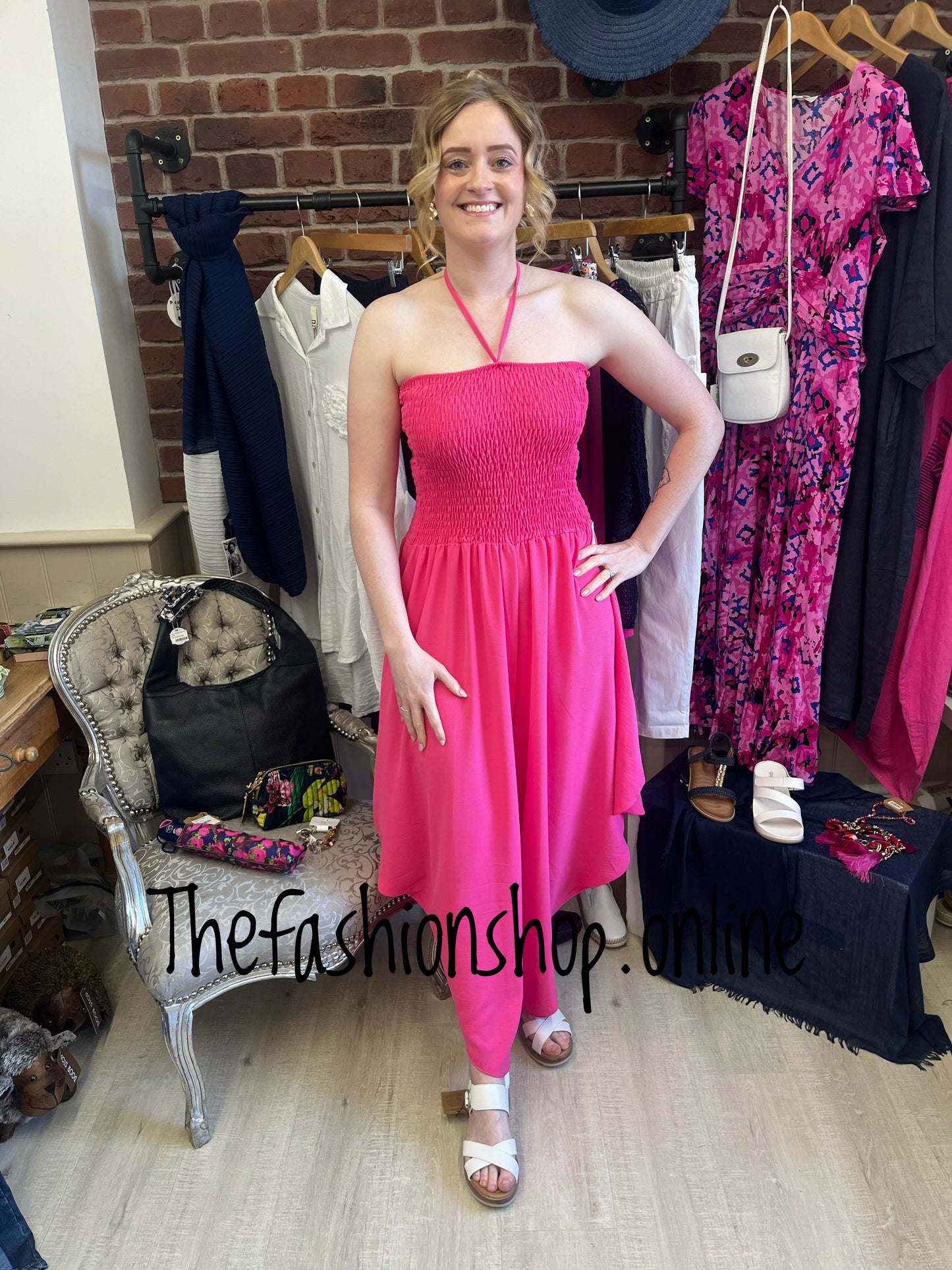 Hot pink halter neck shirred jumpsuit 8-16