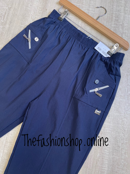 Navy zip and button stretchy cropped trousers sizes 10-22