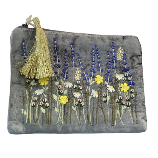 POM Dusky Grey Embroidered Lavender Zip Cosmetic Purse