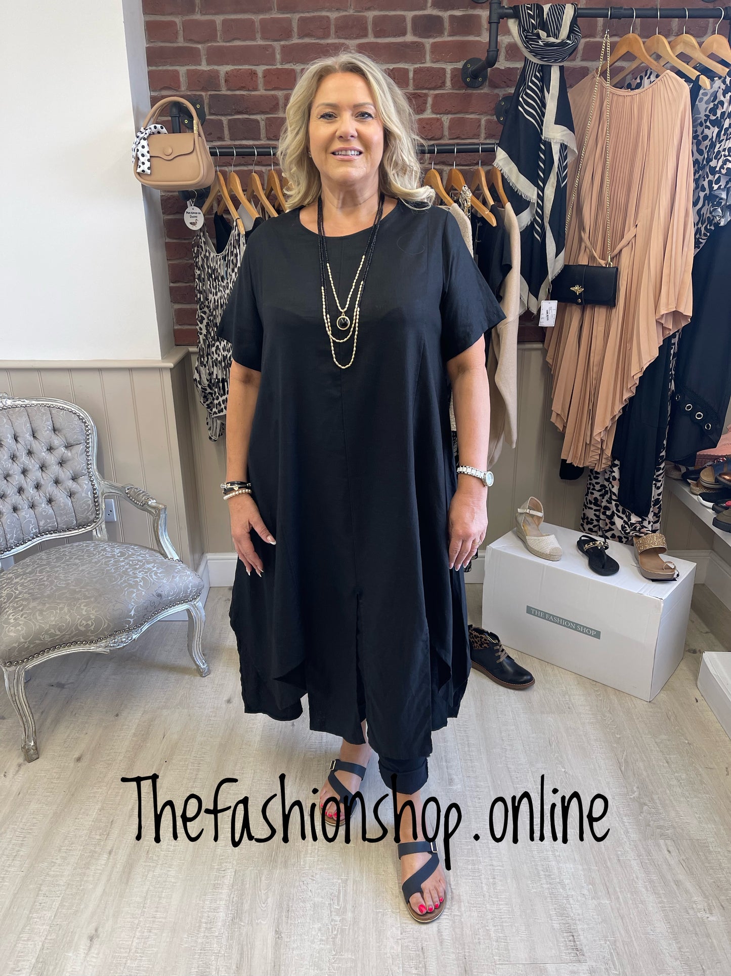 Black linen mix funky hem tunic dress 14-18