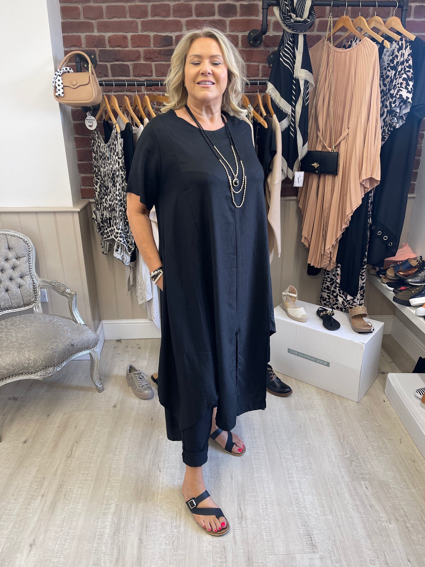 Black linen mix funky hem tunic dress 14-18
