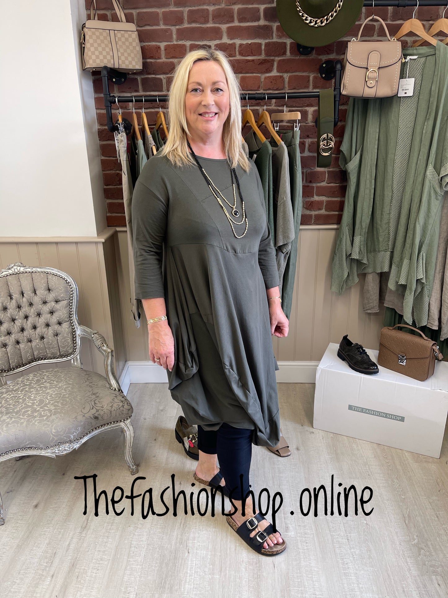 Khaki draped 3/4 sleeve dress 10-16