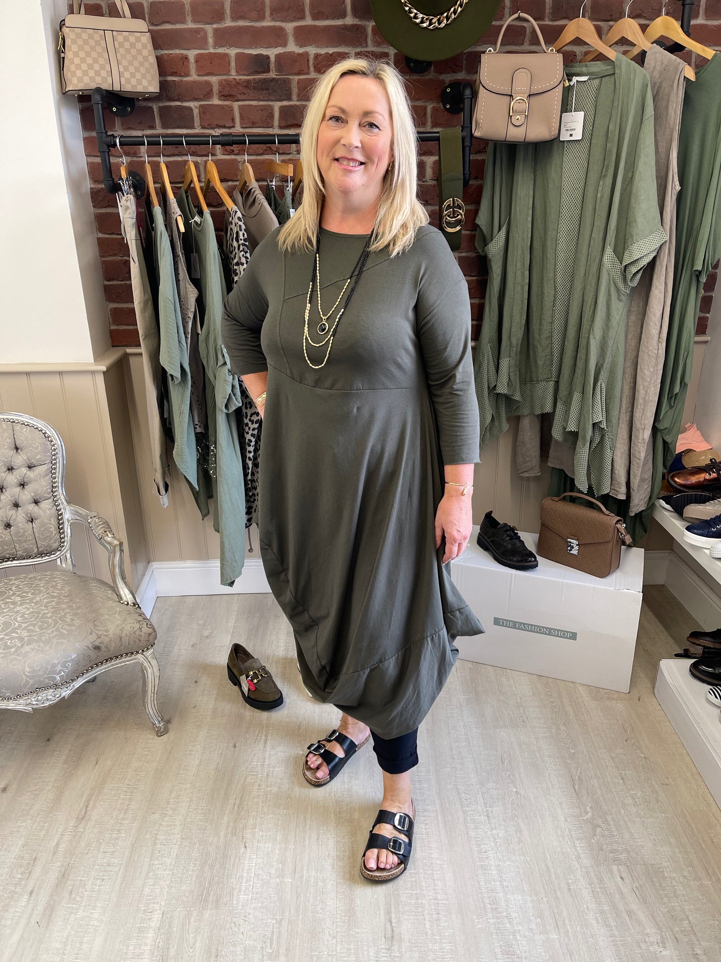 Khaki draped 3/4 sleeve dress 10-16