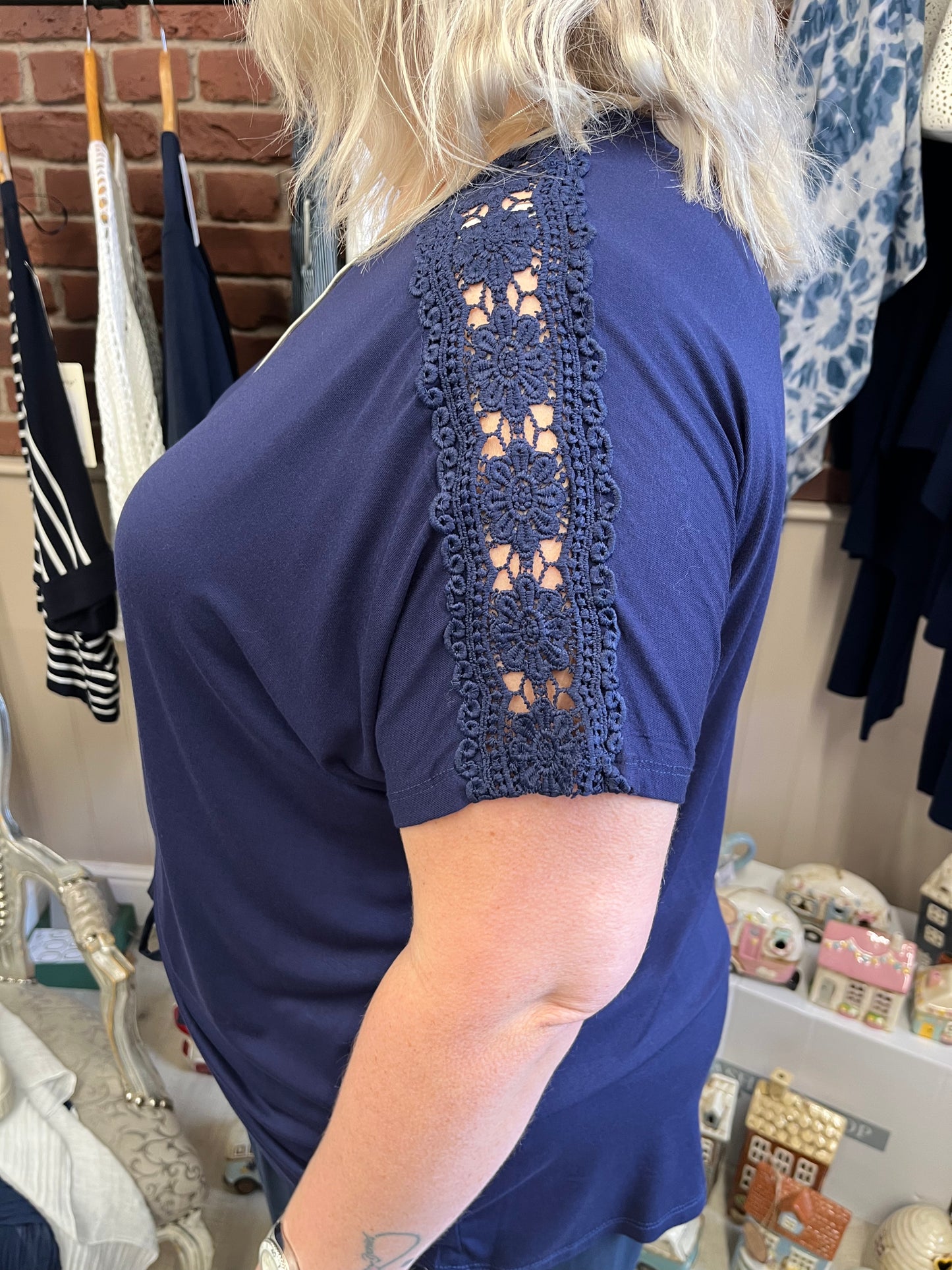 Kelly navy embroidered shoulder top 14-20