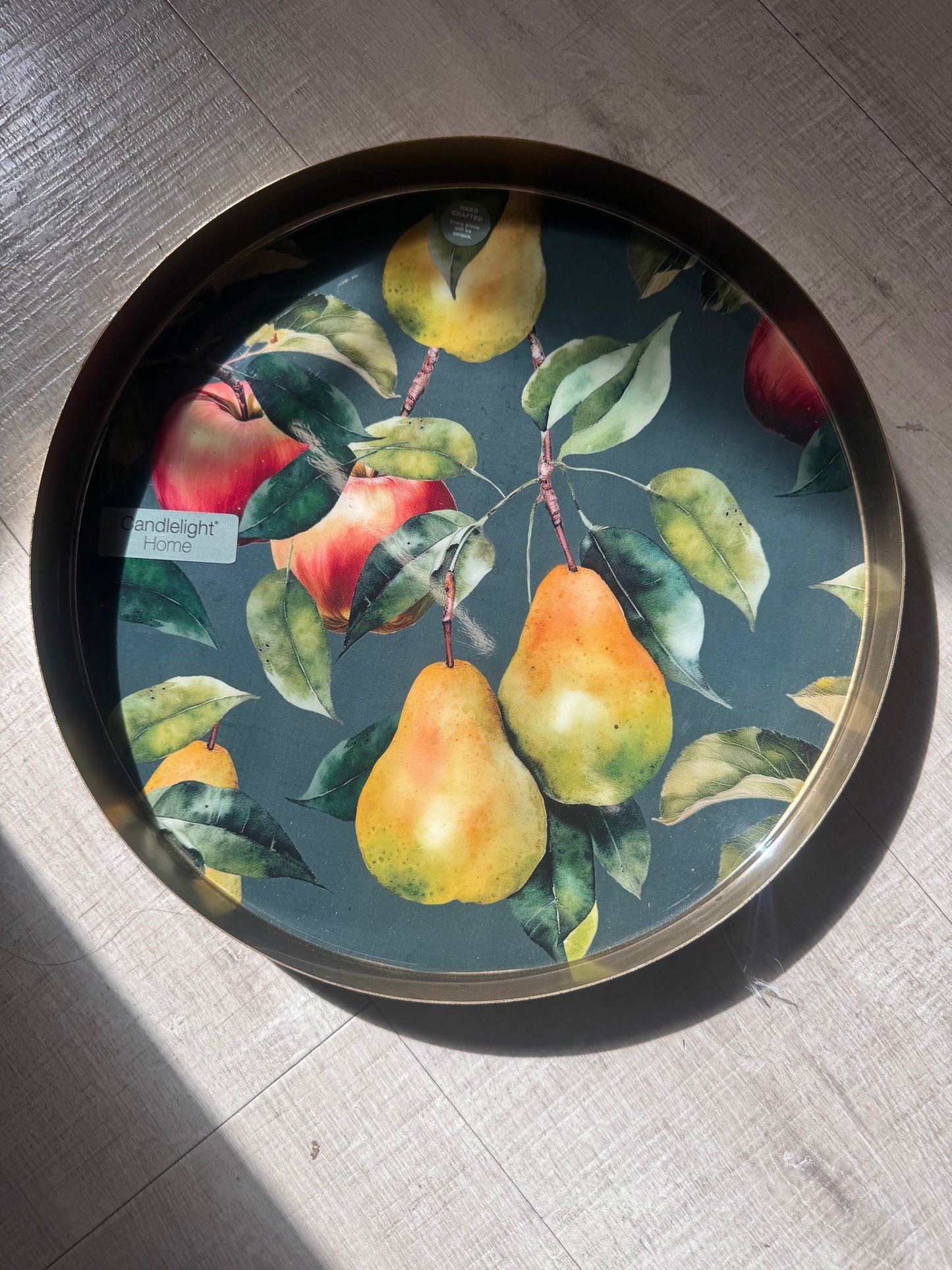 Candlelight 32cm Round Metal Tray with Enamel Decor of Apples and Pears