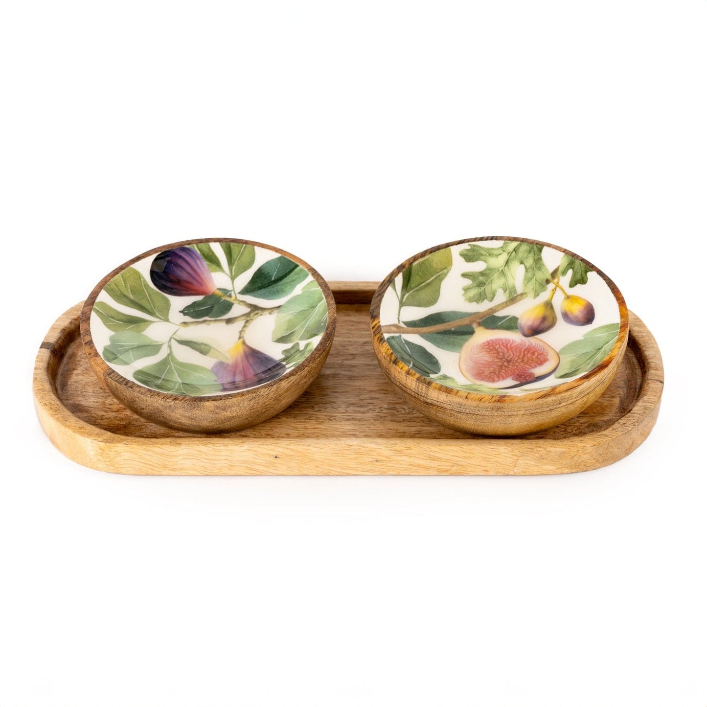 Candlelight Set Of Two Wooden Dipping Bowls on a Tray with Figs Decor