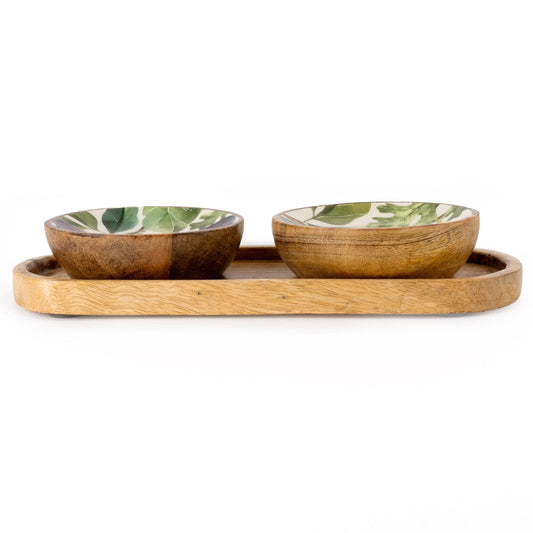 Candlelight Set Of Two Wooden Dipping Bowls on a Tray with Figs Decor