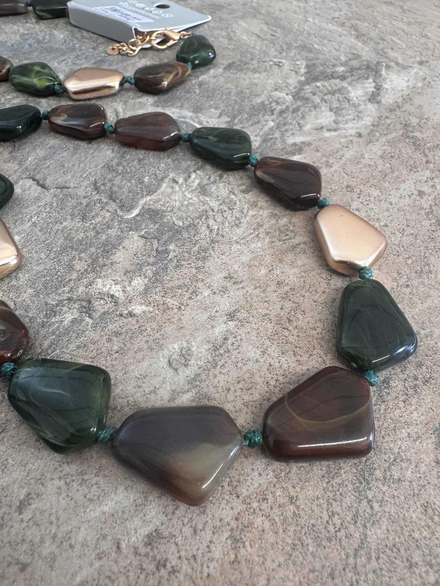 Tasmin Green Camel, Browns and Gold Pebble Necklace