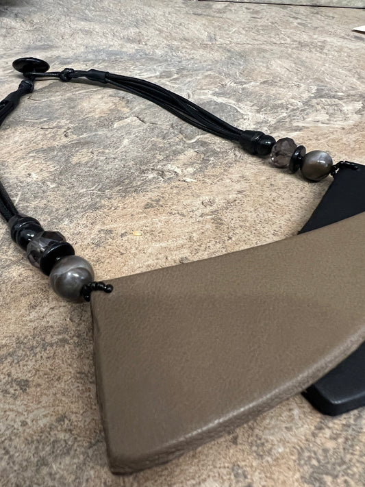 Sarah Tempest geometric faux leather shaped necklace