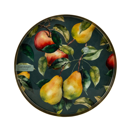 Candlelight 32cm Round Metal Tray with Enamel Decor of Apples and Pears