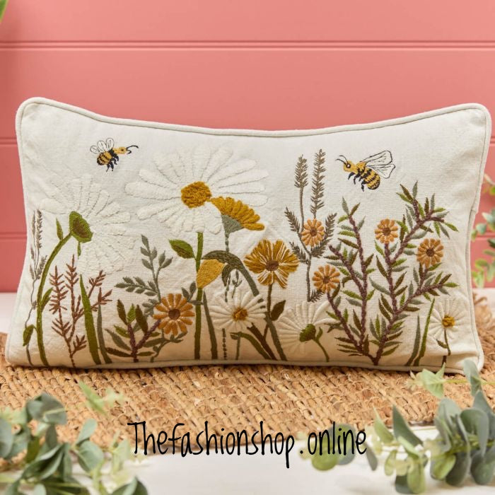 Meadow embroidered rectangular cushion