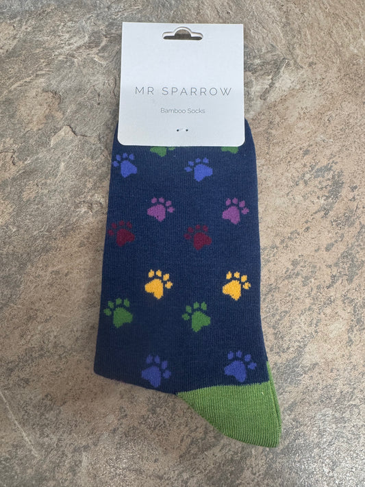 Mr Sparrow Navy Multi Paw Prints Bamboo socks 7-11