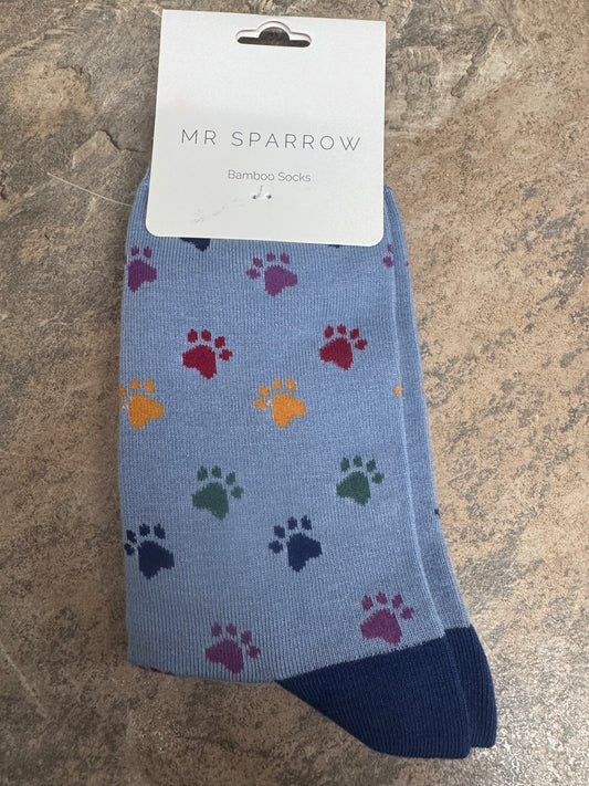 Mr Sparrow Denim Multi Paw Prints Bamboo socks 7-11