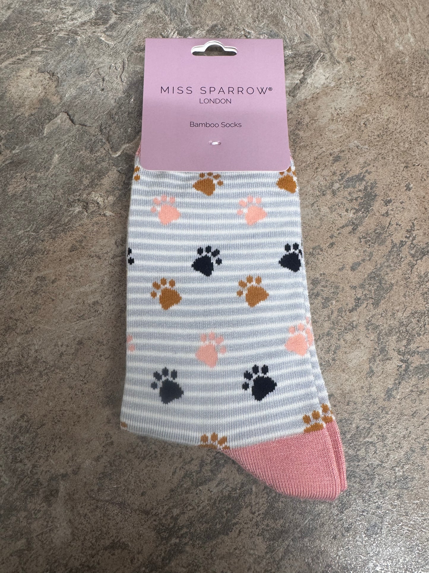 Miss Sparrow Silver Paws and Stripes Bamboo socks 3-7