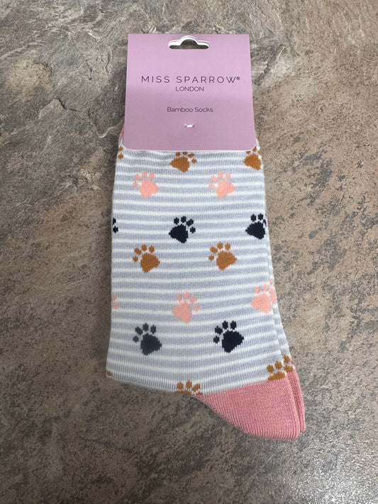 Miss Sparrow Silver Paws and Stripes Bamboo socks 3-7
