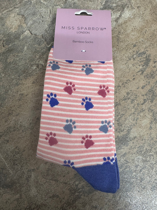 Miss Sparrow Dusky Pink Paws and Stripes Bamboo socks 3-7