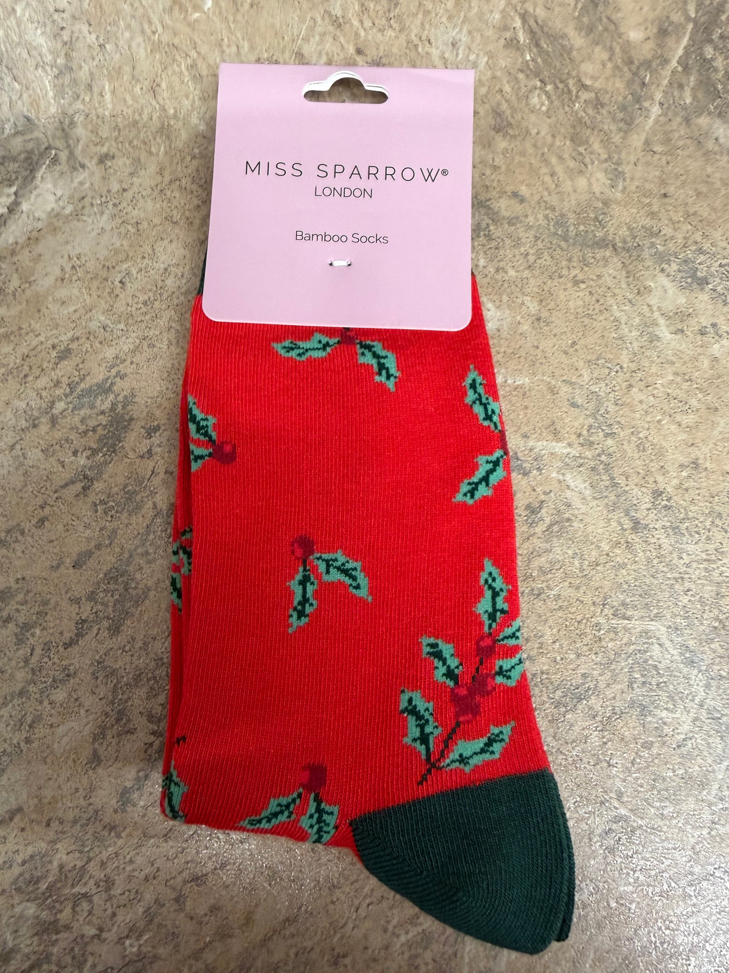 Miss Sparrow Holly Sprig Socks in red 3-7