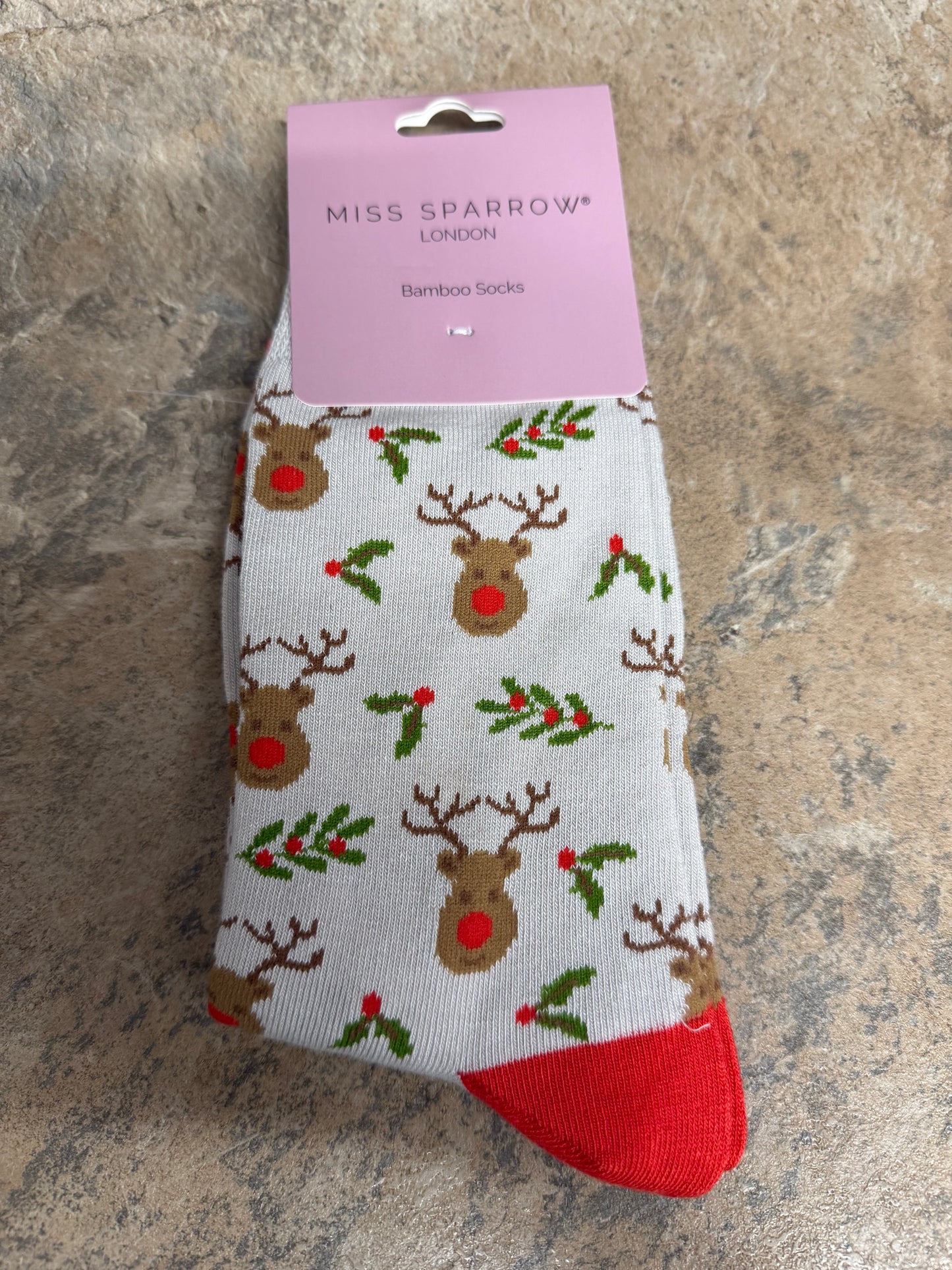 Miss Sparrow Reindeer and Holly Socks in silver grey 3-7