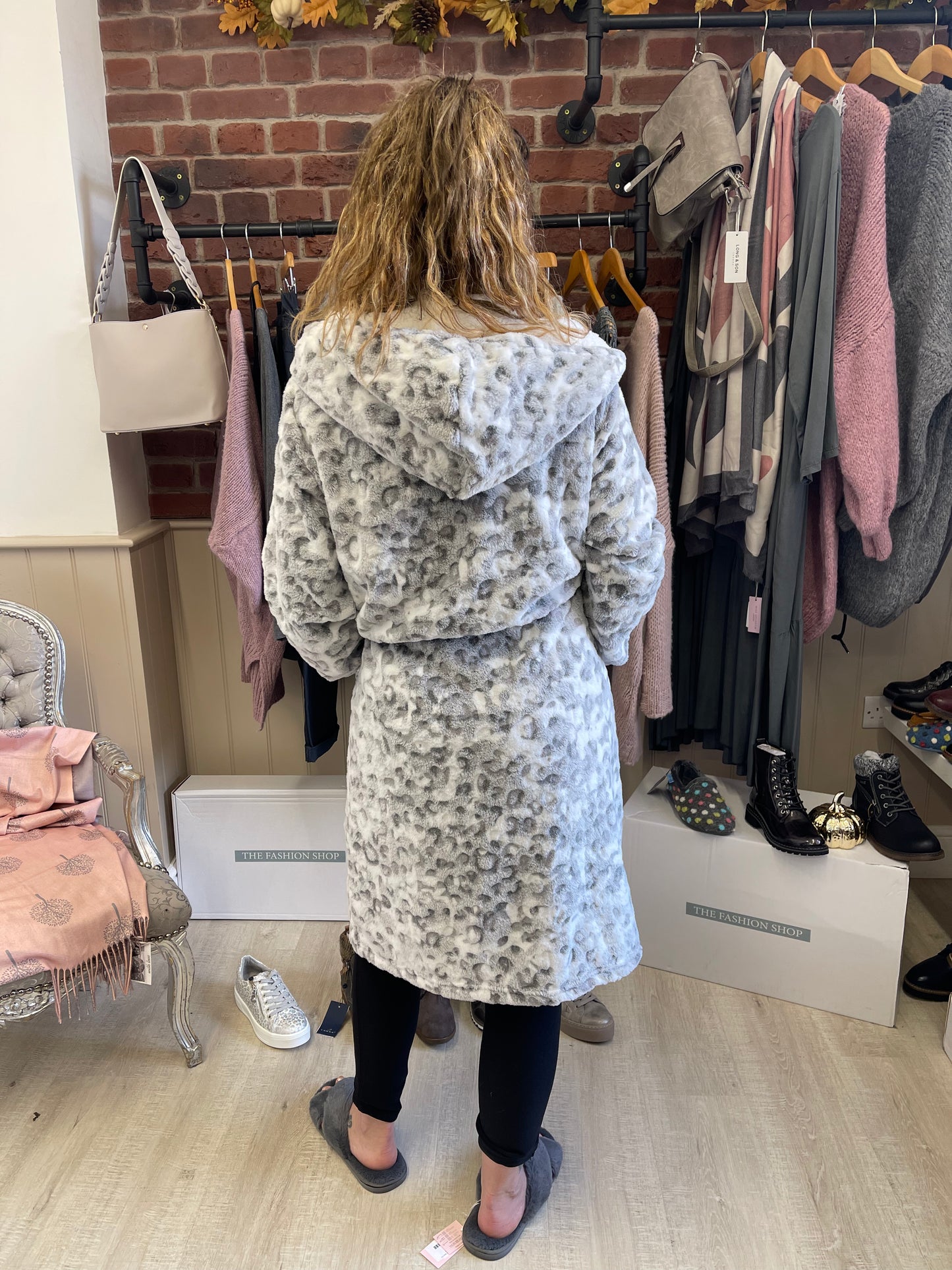 Grey leopard print soft dressing gown