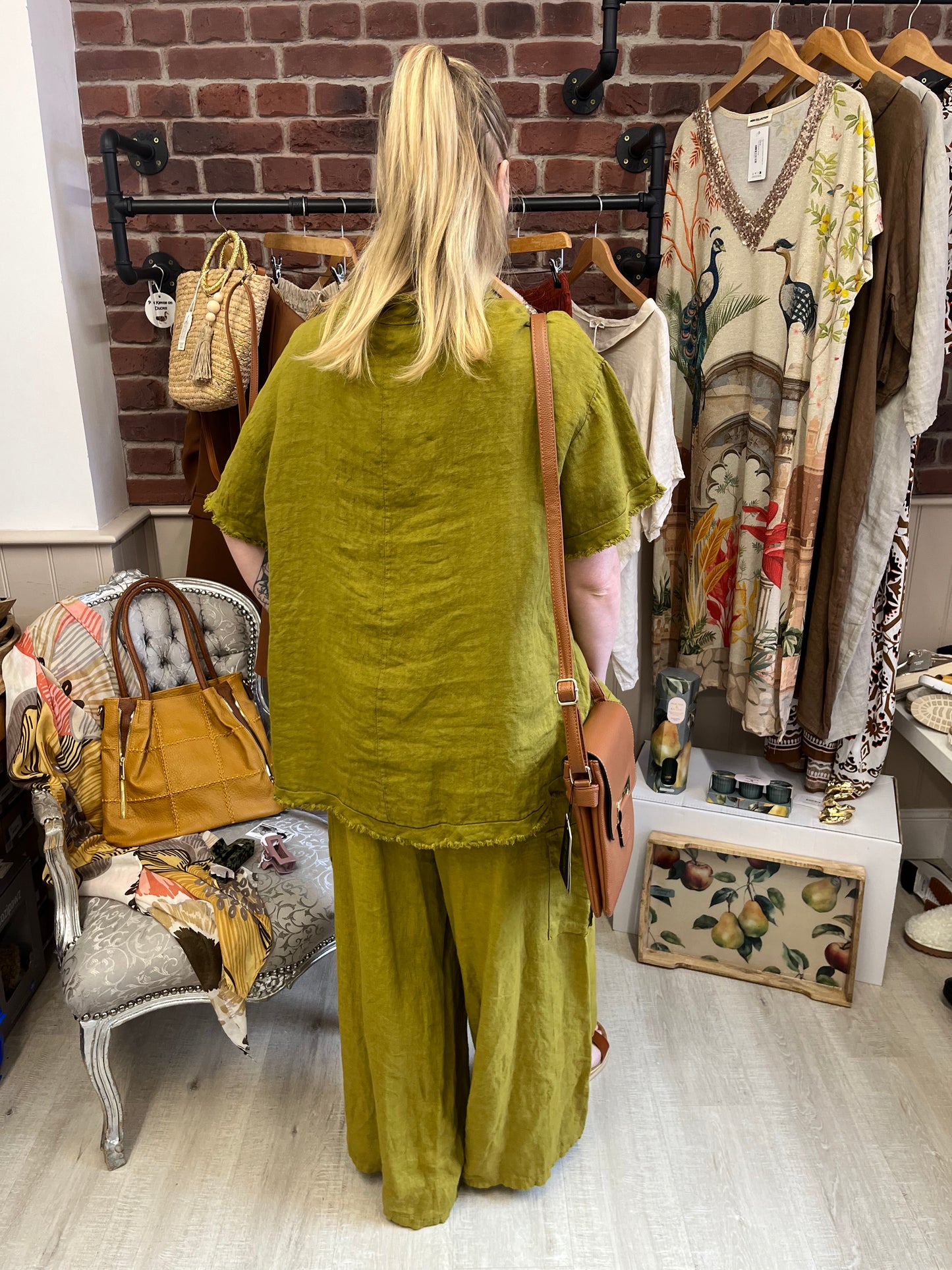 Olive v neck frayed detail linen top 10-16
