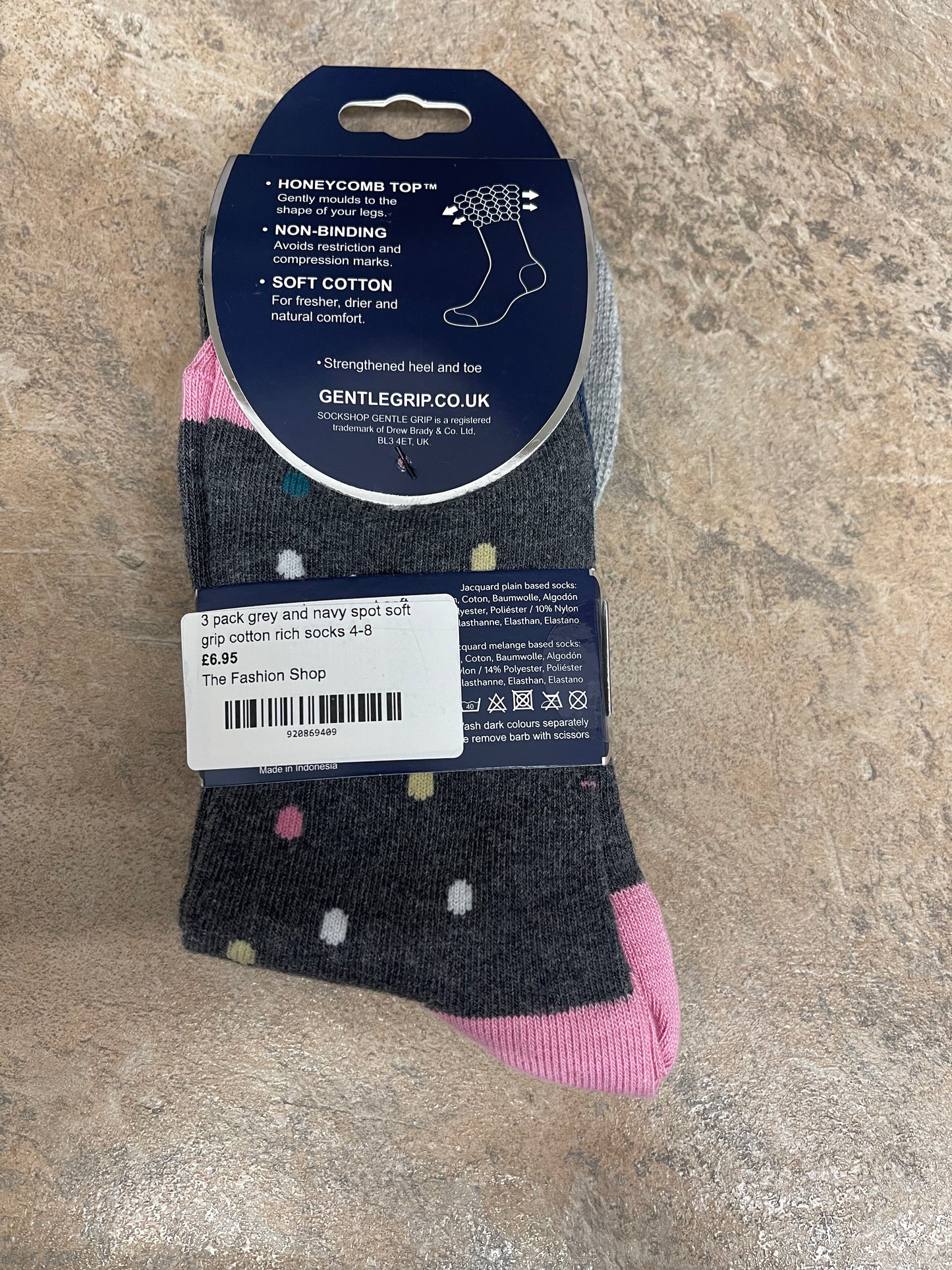 3 pack grey and navy spot soft grip cotton rich socks 4-8