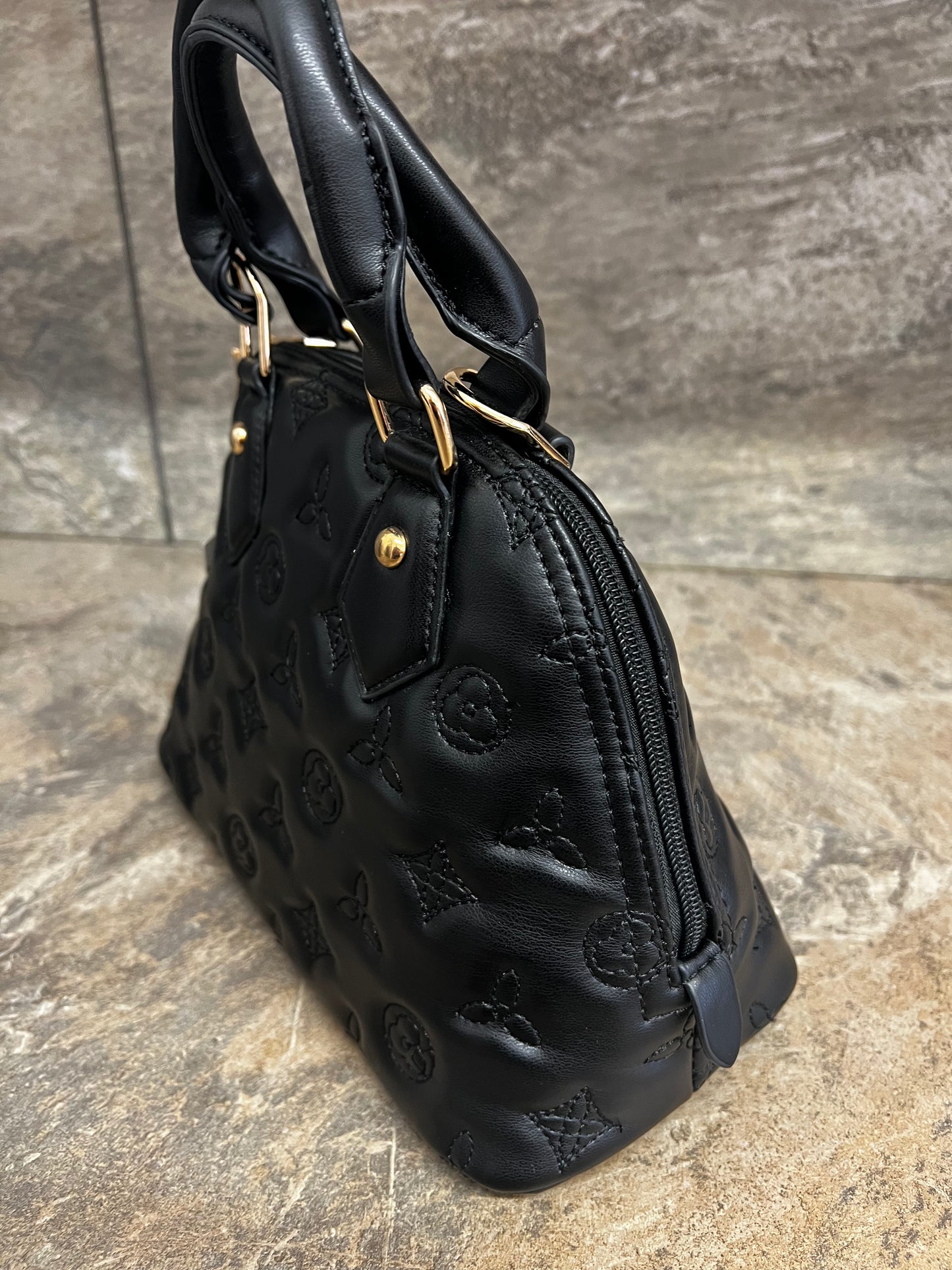 Black designer inspired bag with gold hardware