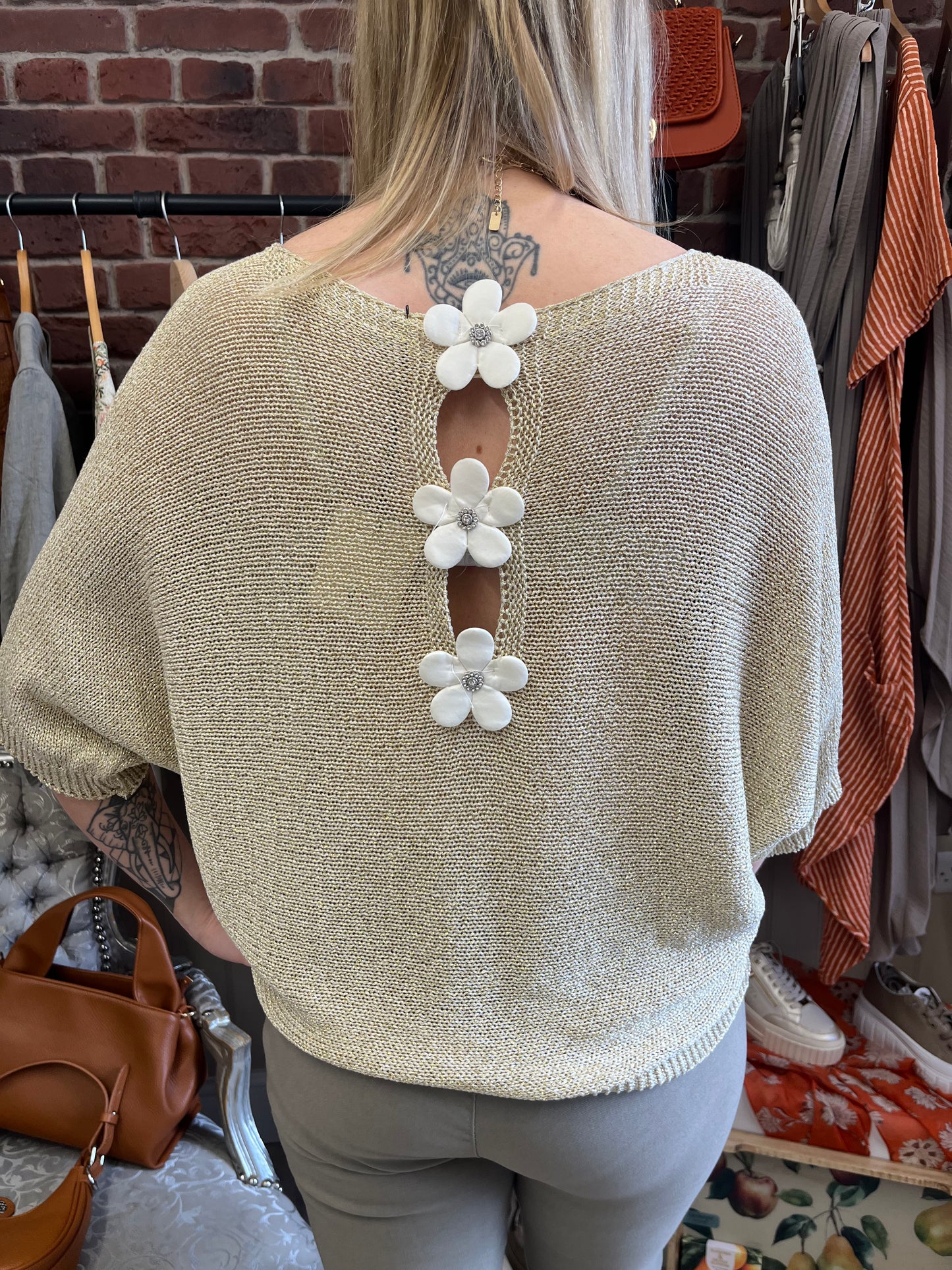 Daisy gold shimmer open back detail top 10-16