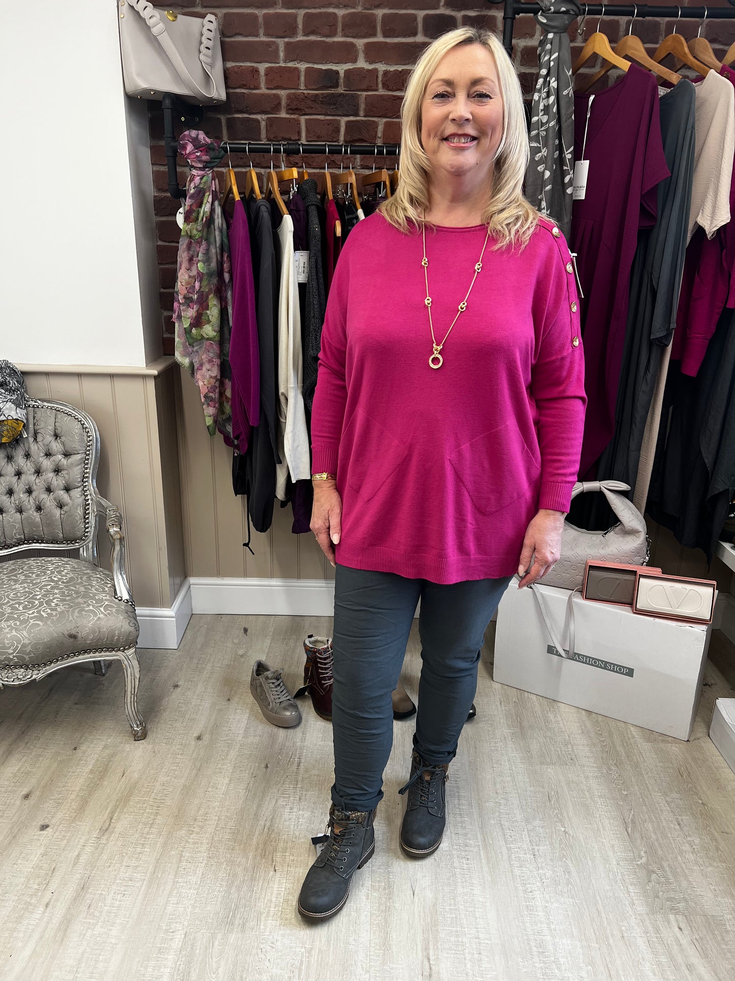 Magenta button shoulder jumper 12-16, 18-22