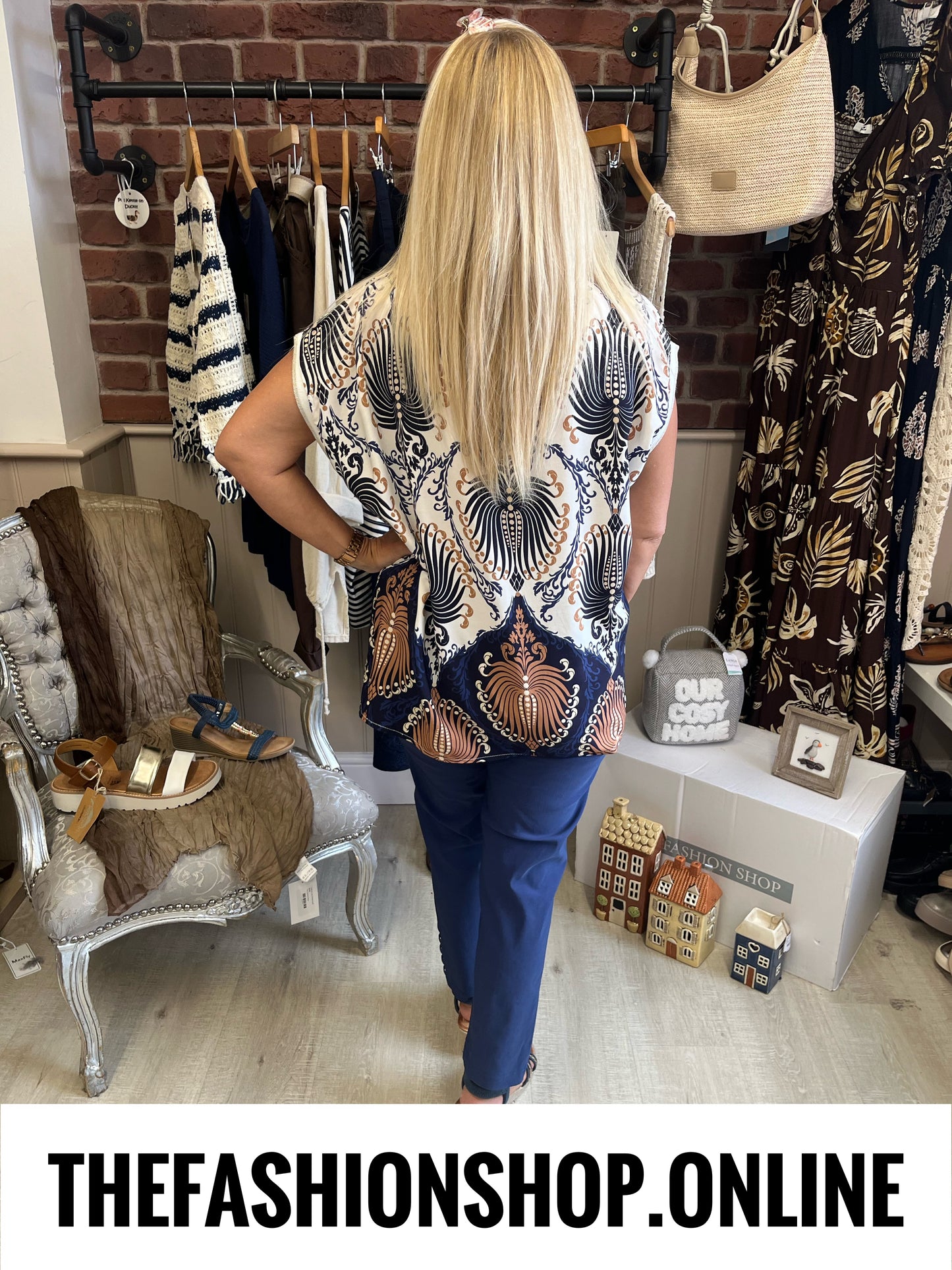 Isabella navy and tan damask top 10-16