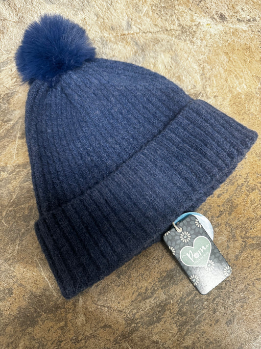 Pom dark denim yarn faux fur pompom hat