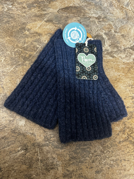 Pom dark denim yarn knitted fingerless gloves