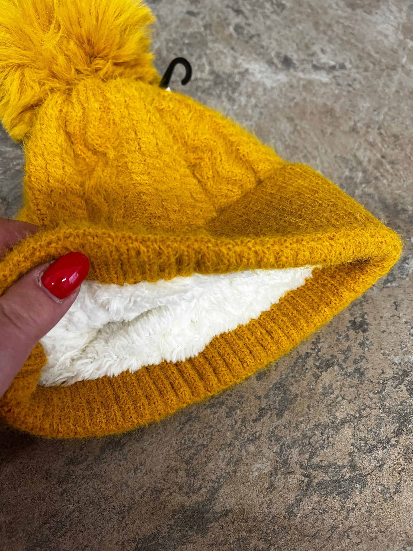 Mustard cable knit pompom hat no