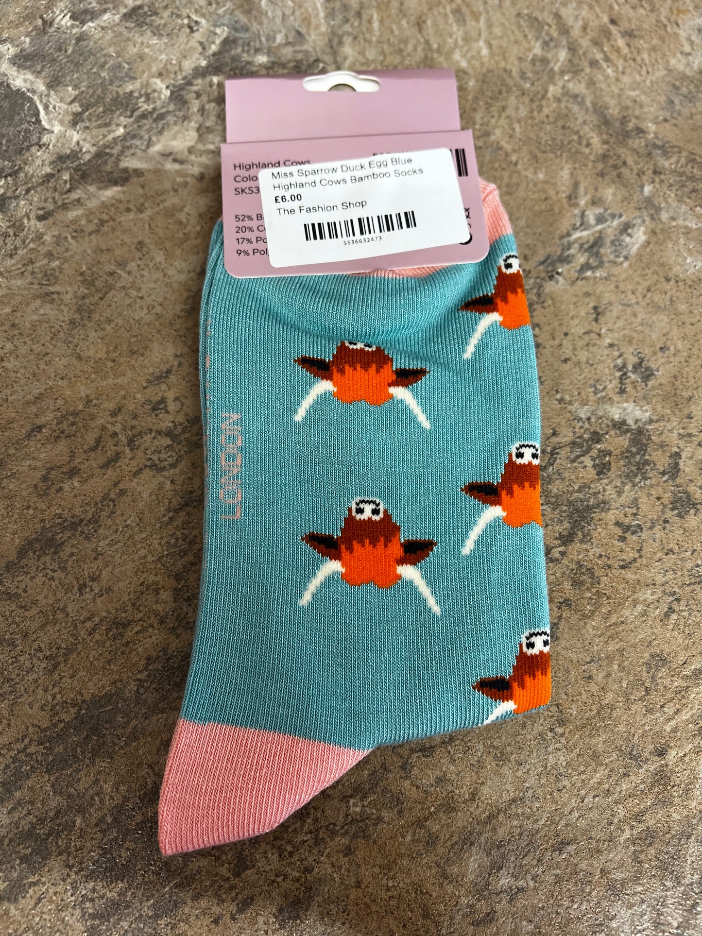 Miss Sparrow Duck Egg Blue Highland Cows Bamboo socks 3-7