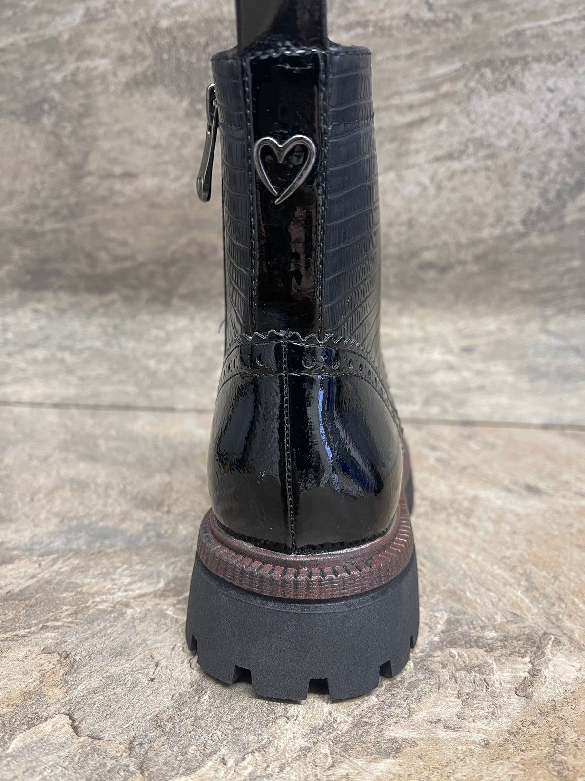Marco Tozzi black ankle boot with patent brogue detail sizes 4-9