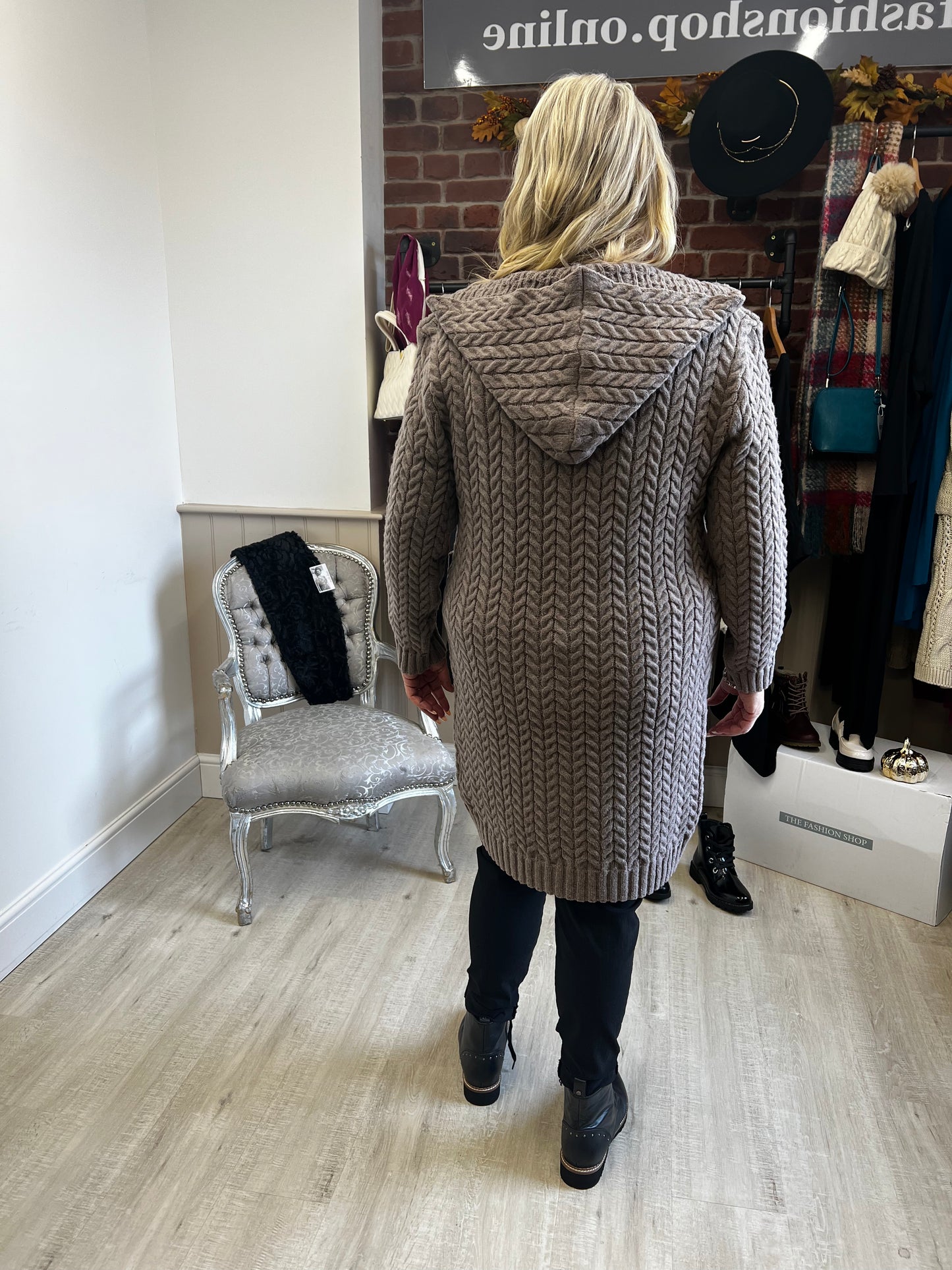 Saloos taupe cable knit hooded coatigan sizes 12-18