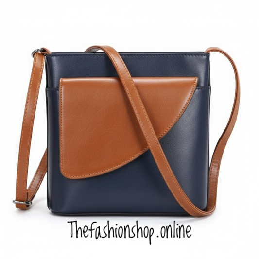 Ladies Binocular Cross Body Bag in Navy and Tan