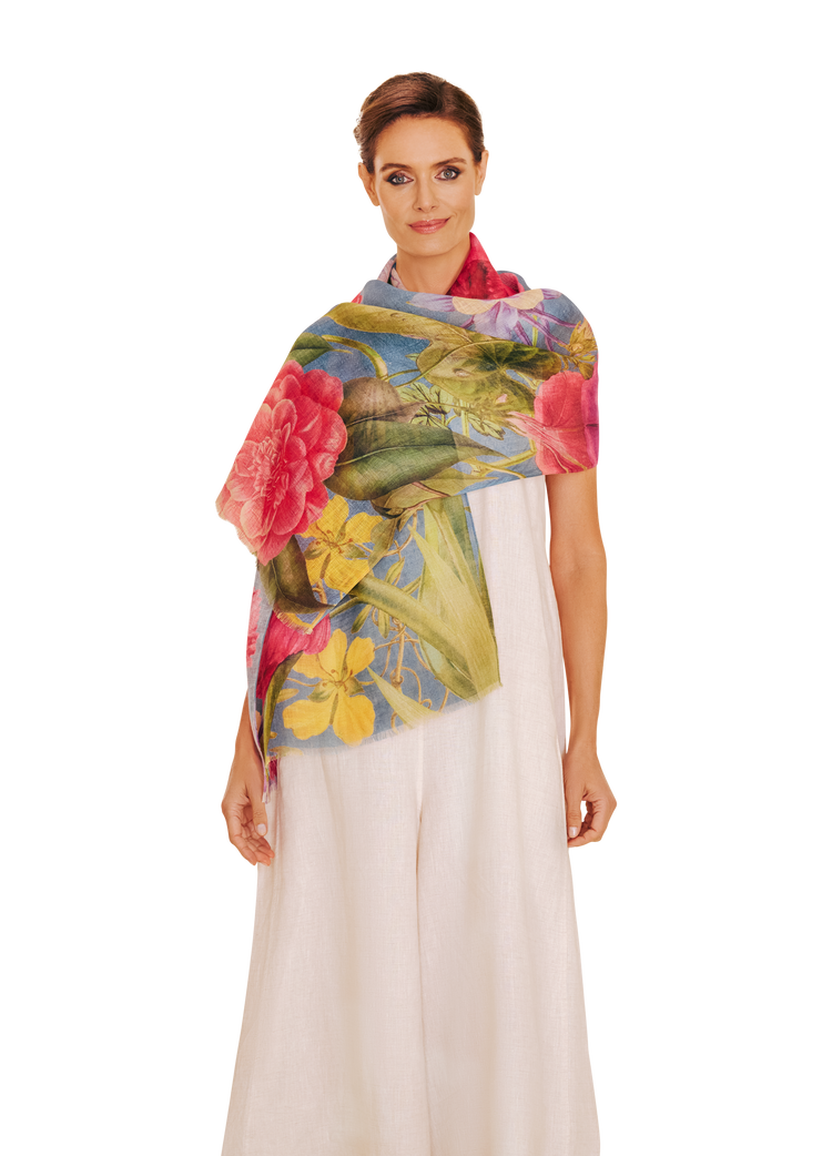 Powder Floral Study Scarf in cotton and linen Denim